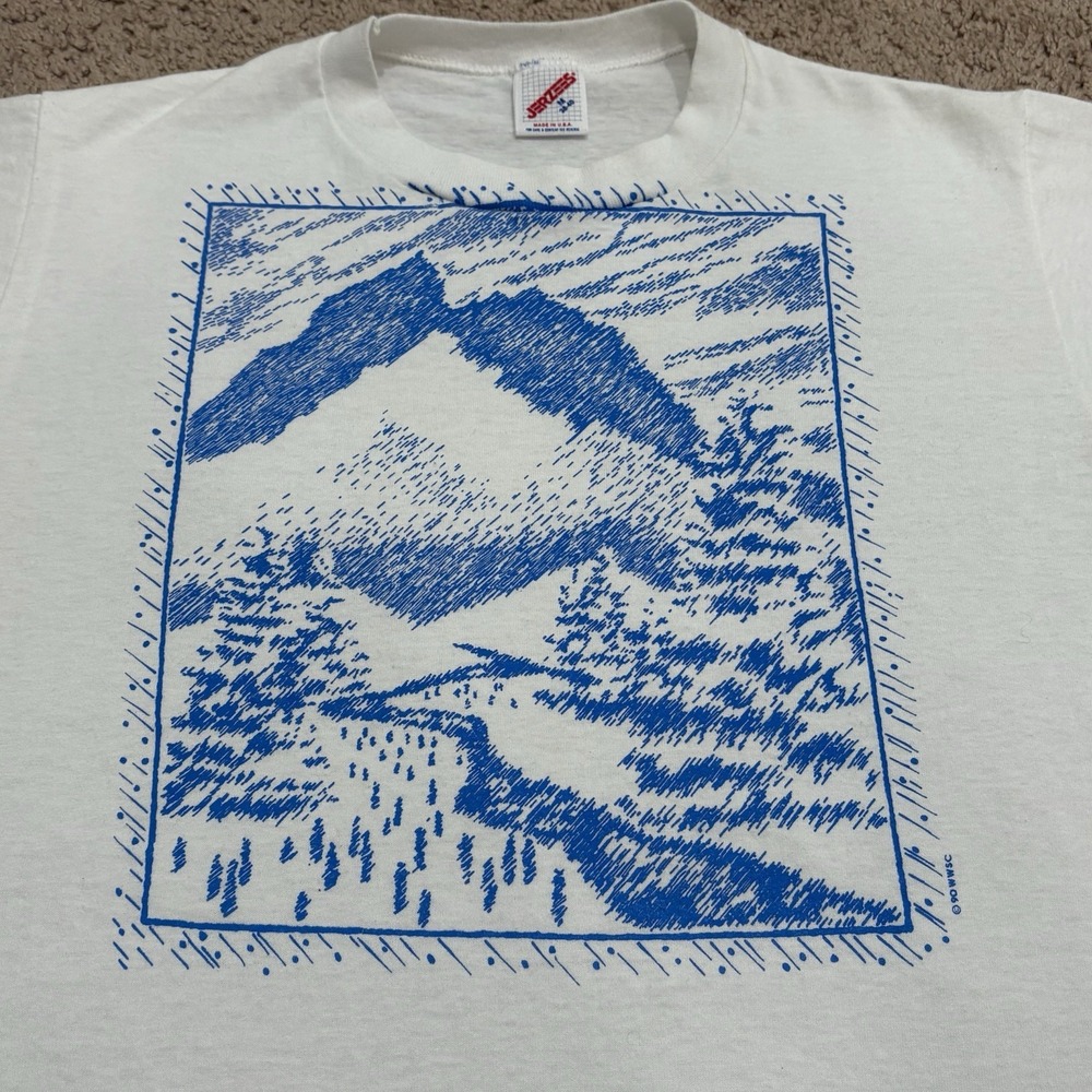 Vintage 1990 Snowy Mountains Art T-Shirt Men's Medium White Ski Snow 80s USA - Picture 2 of 7
